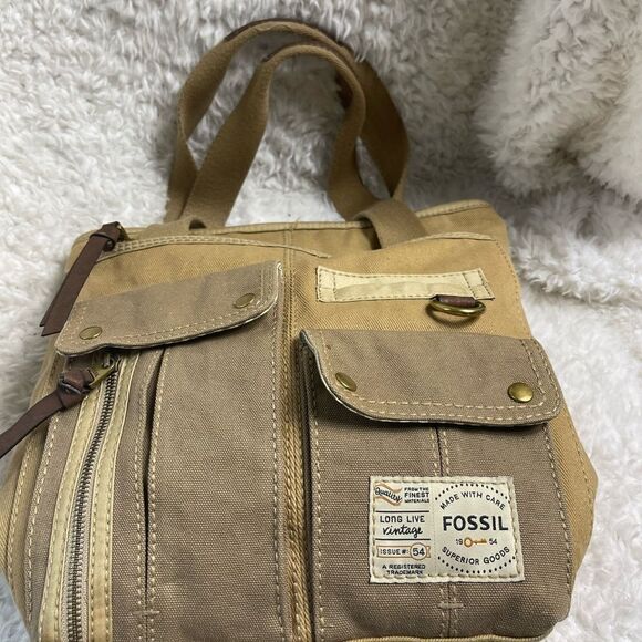 Fossil long live vintage khaki & Brown canvas shoulder bag antique tone hardware - Picture 13 of 14